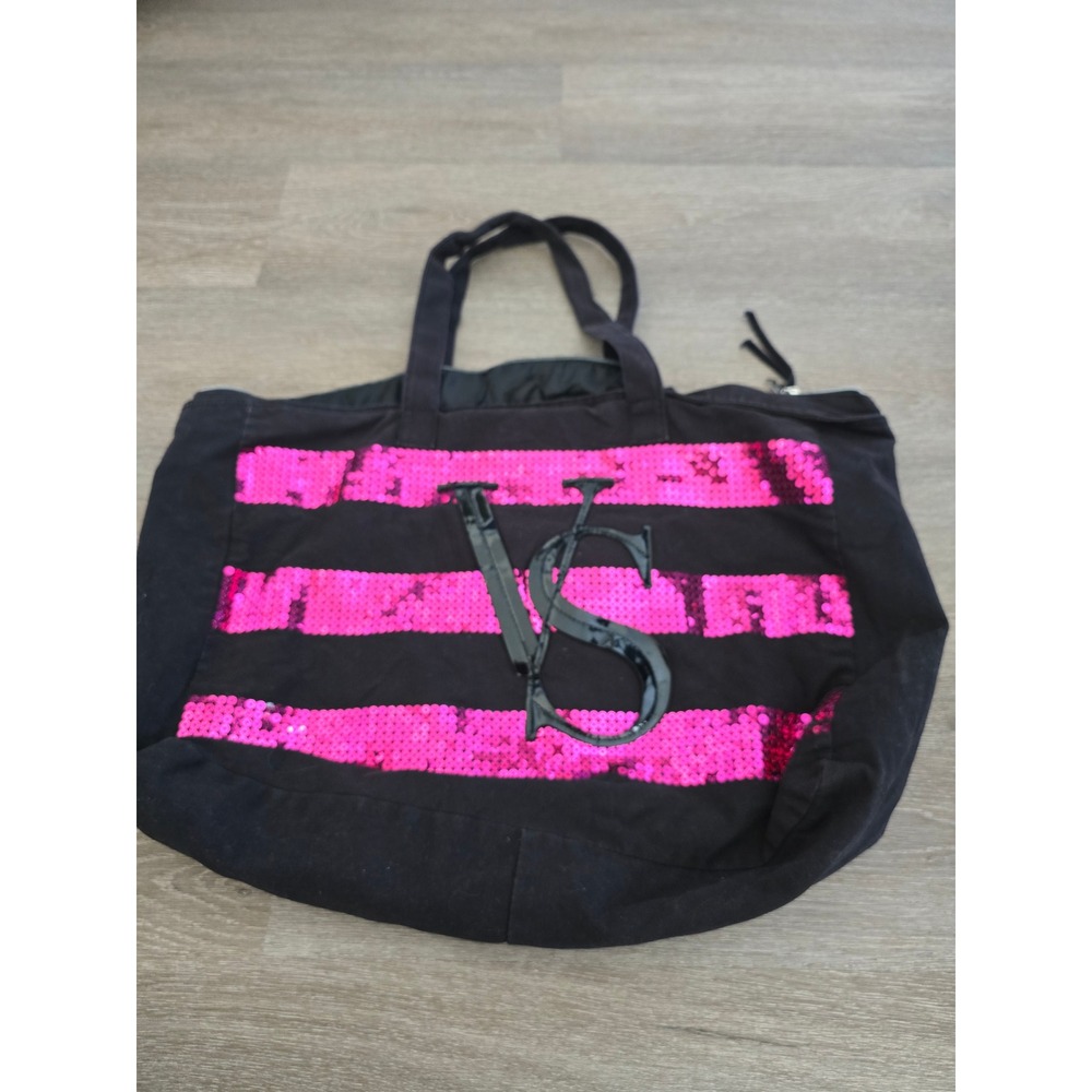 Victoria's Secret Black Canvas Pink Sequin Stripe VS Logo Zipper‎ Tote Bag Large